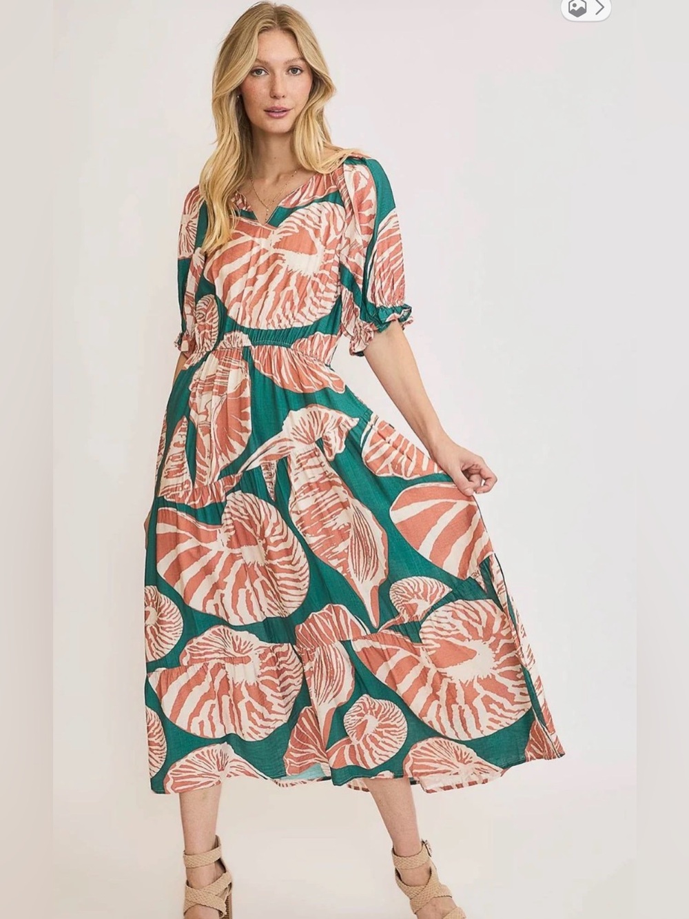 NWT Umgee Printed Notched Puff Sleeve Midi Dress In Multi Small